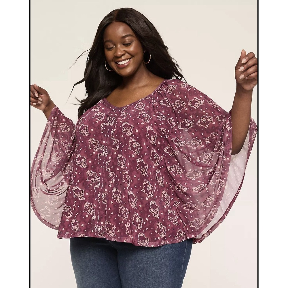 Lane Bryant Mesh V-Neck Circle Drama Top Burgundy Geometric Size 18/20 Boho Chic